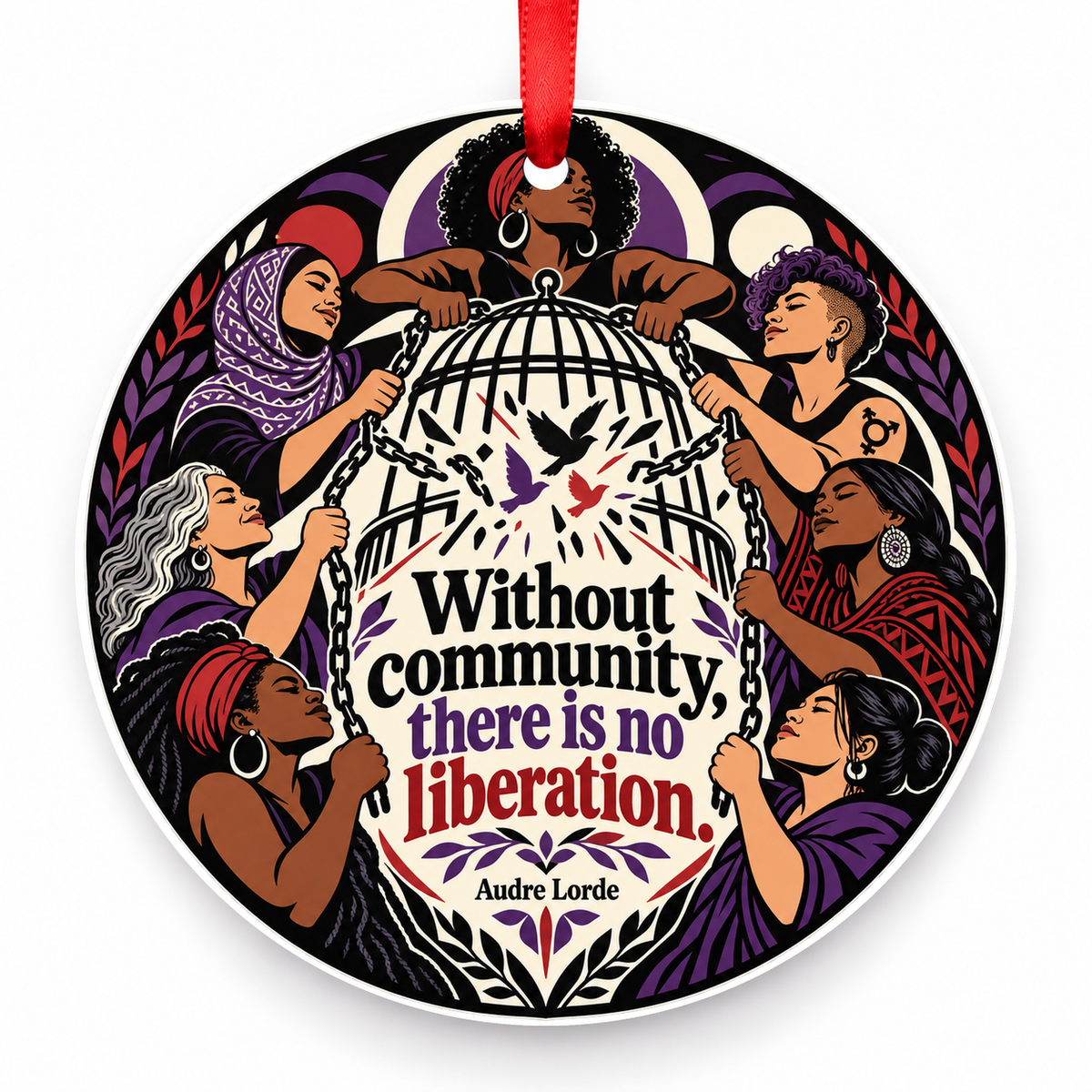 Without Community There is No Liberation Christmas Ornament with red hanging ribbon
