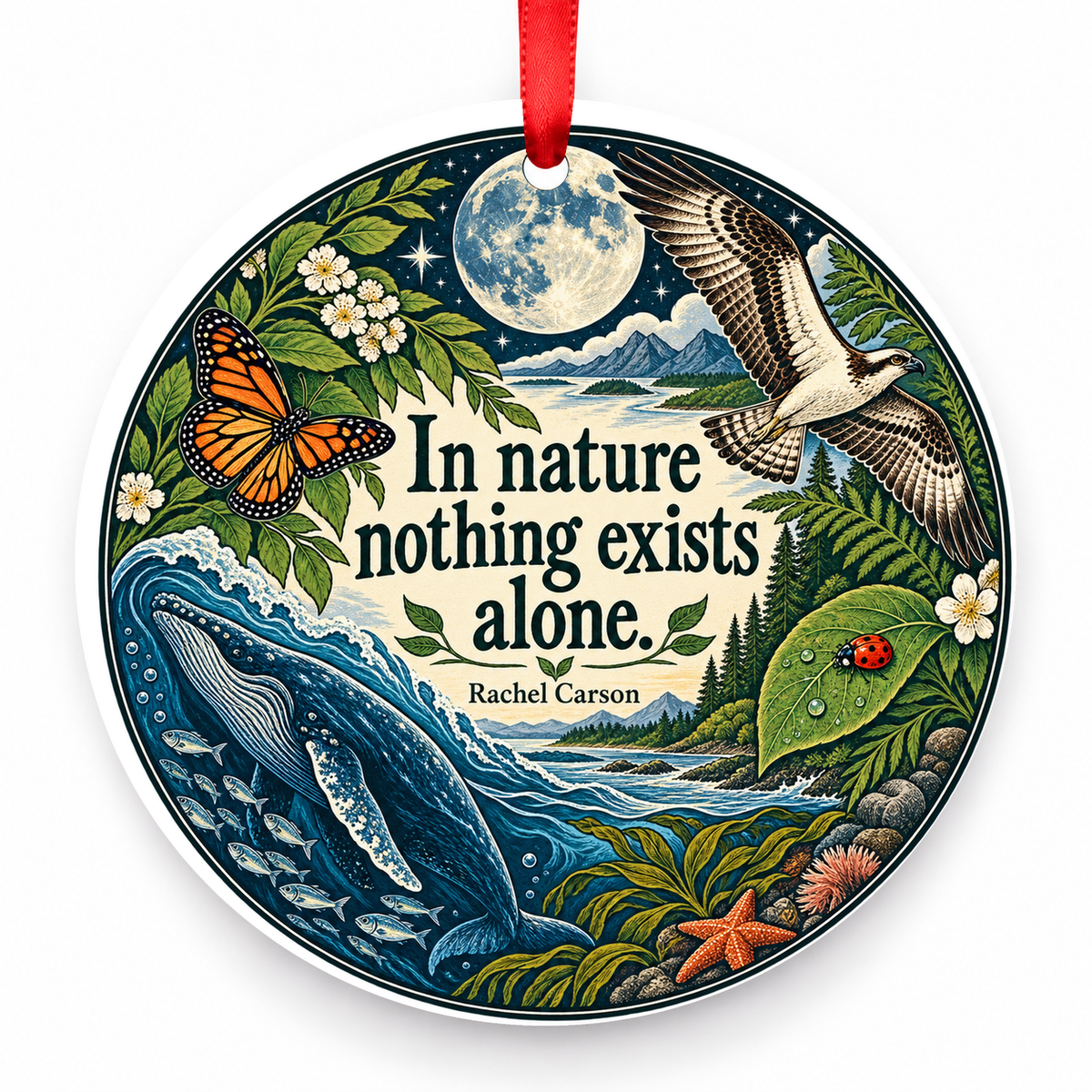 In Nature Nothing Exists Alone Christmas Ornament with red hanging ribbon