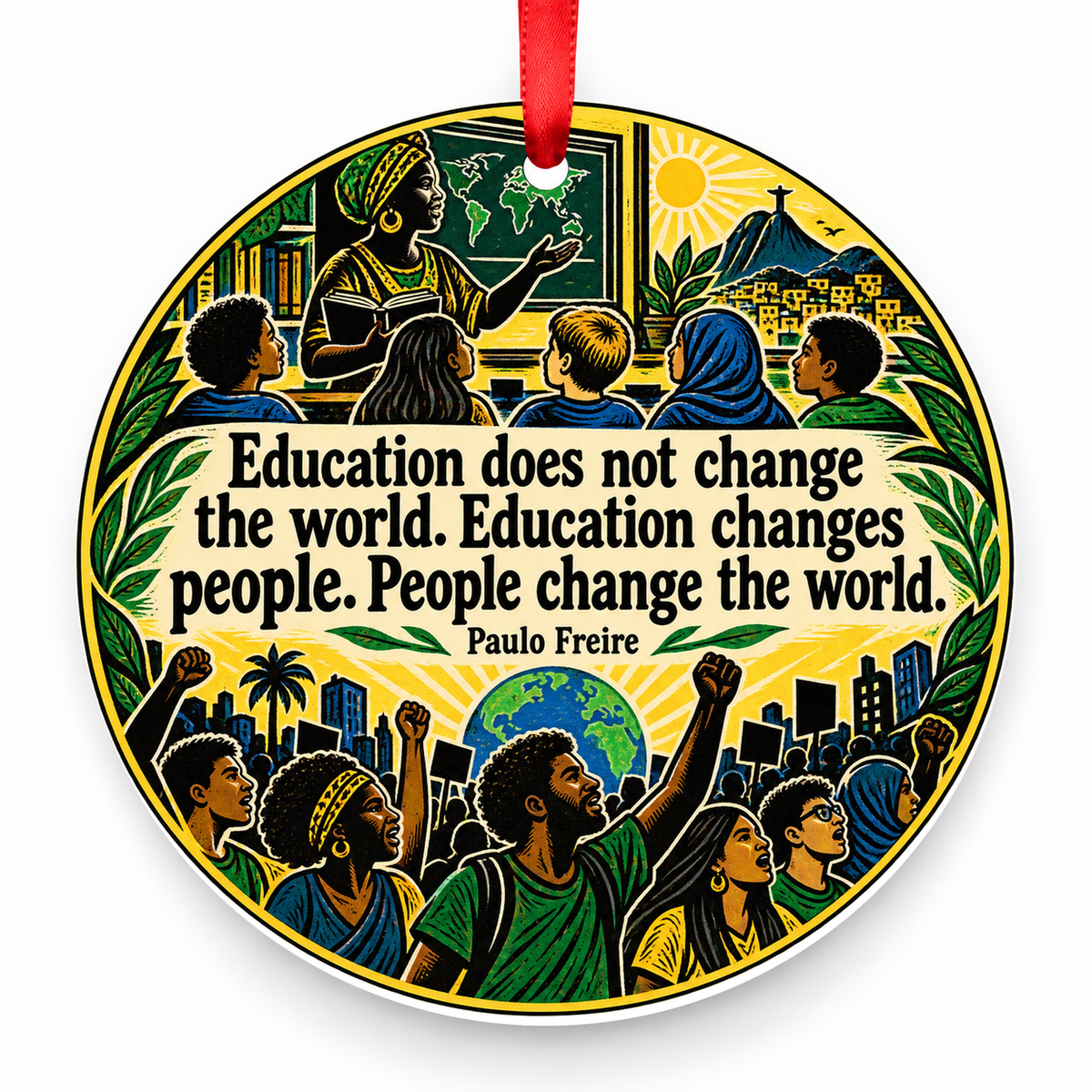 Education Does Not Change the World. Education Changes People. People Change the World Christmas Ornament with red hanging ribbon