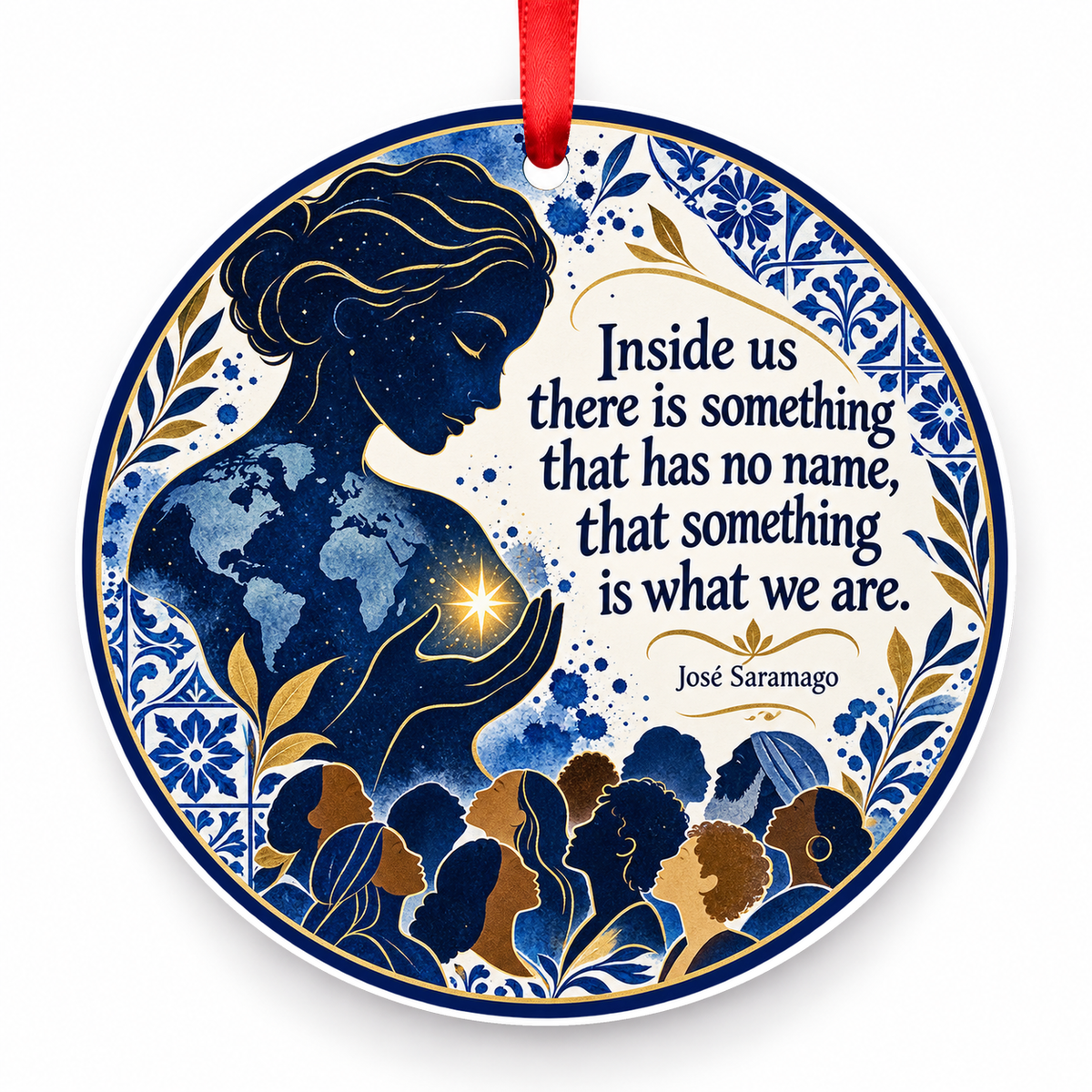 Inside Us There is Something That Has No Name, That Something is What We Are Christmas Ornament with red hanging ribbon