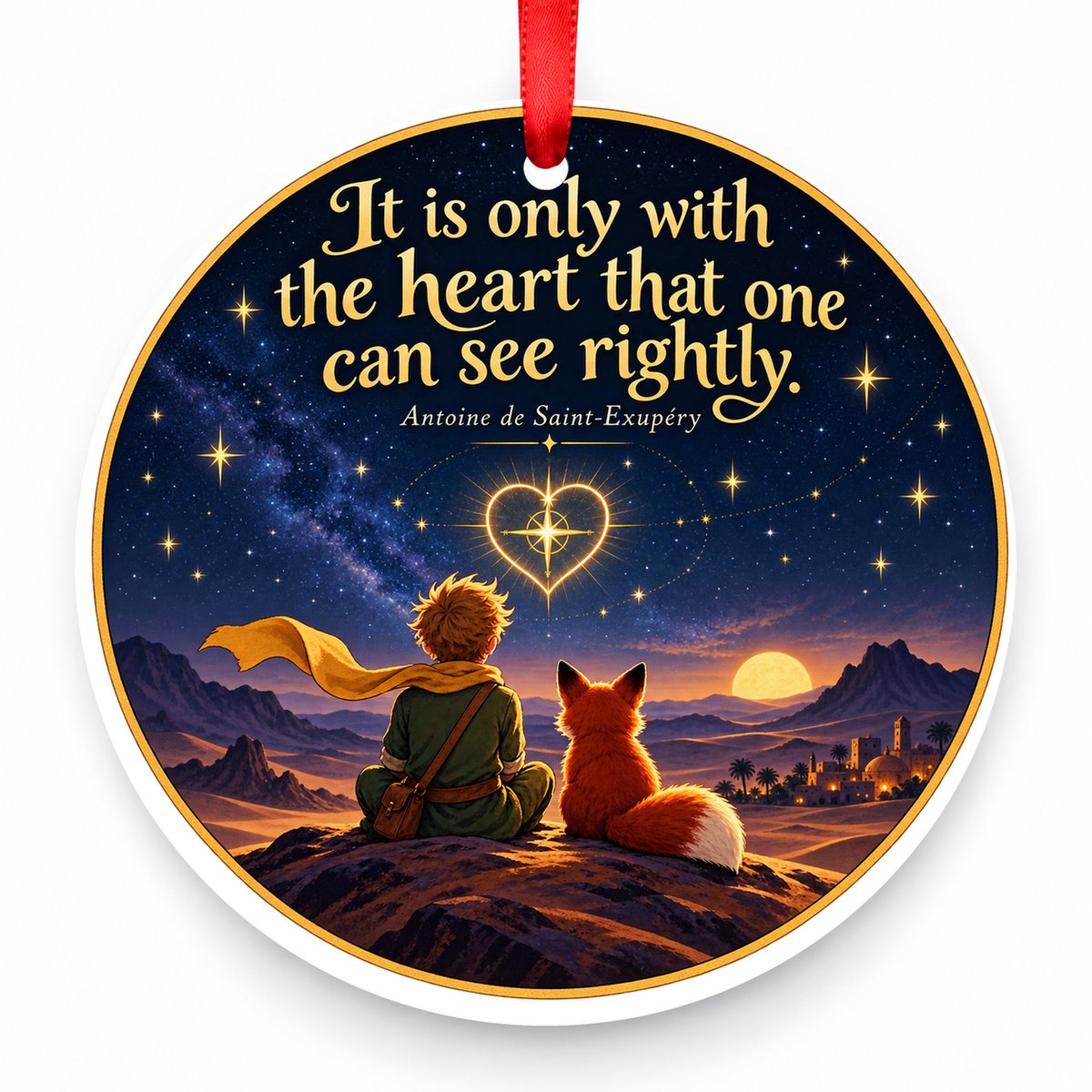 It is Only with the Heart That One Can See Rightly Christmas Ornament with red hanging ribbon