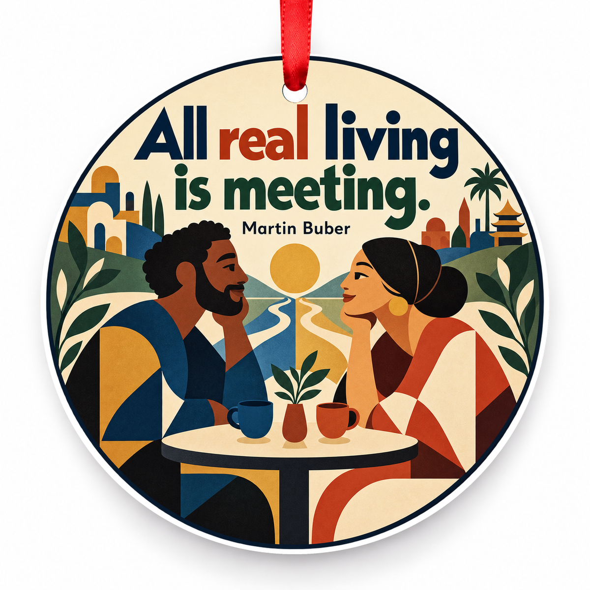 All Real Living is Meeting Christmas Ornament with red hanging ribbon