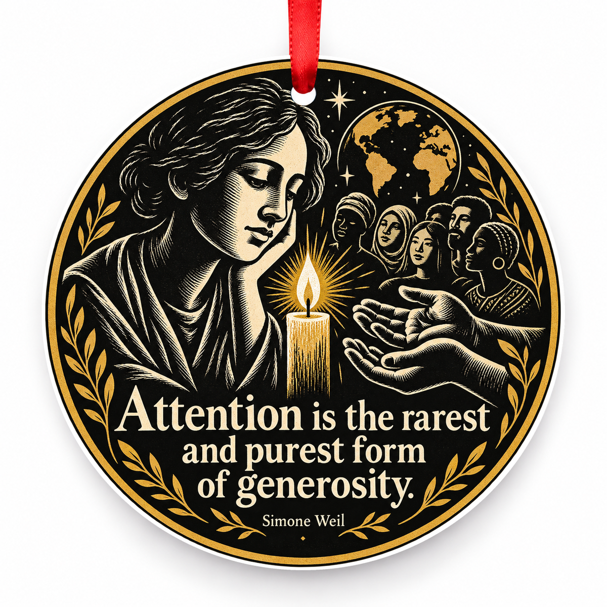Attention is the Rarest and Purest Form of Generosity Christmas Ornament with red hanging ribbon