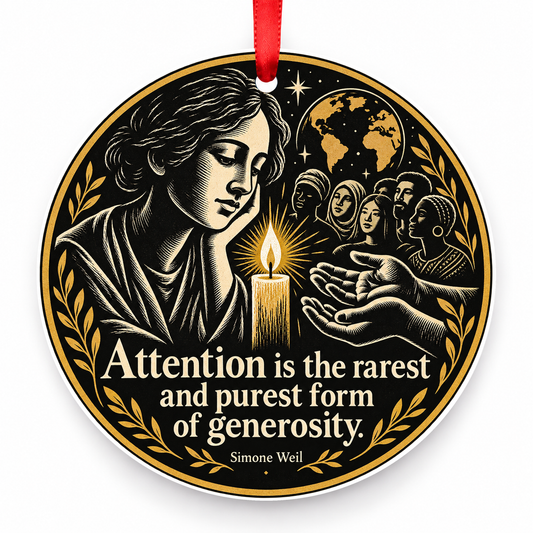 Attention is the Rarest and Purest Form of Generosity Christmas Ornament with red hanging ribbon