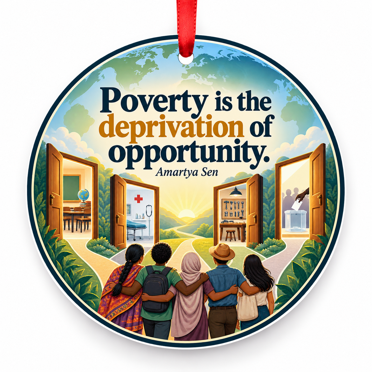 Poverty is the Deprivation of Opportunity Christmas Ornament with red hanging ribbon
