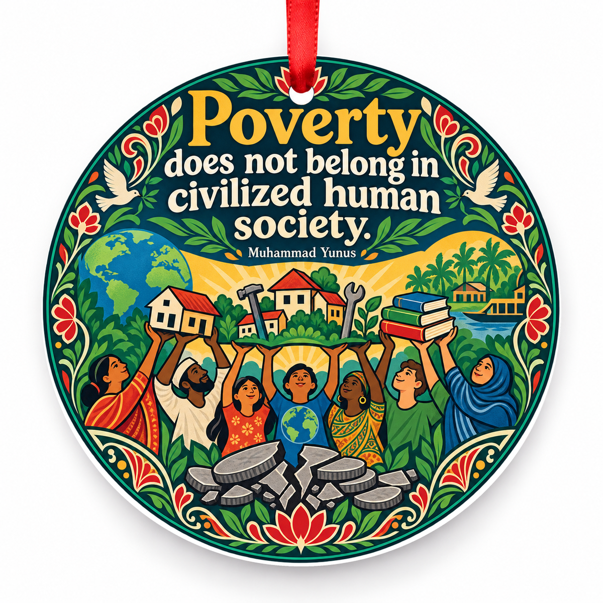 Poverty Does Not Belong in Civilized Human Society Christmas Ornament with red hanging ribbon