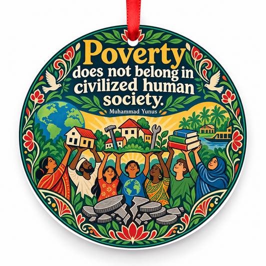 Poverty Does Not Belong in Civilized Human Society Christmas Ornament with red hanging ribbon