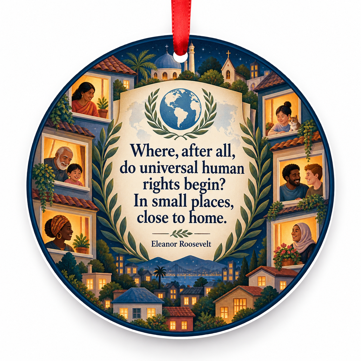 Where, After All, Do Universal Human Rights Begin? in Small Places, Close to Home Christmas Ornament with red hanging ribbon