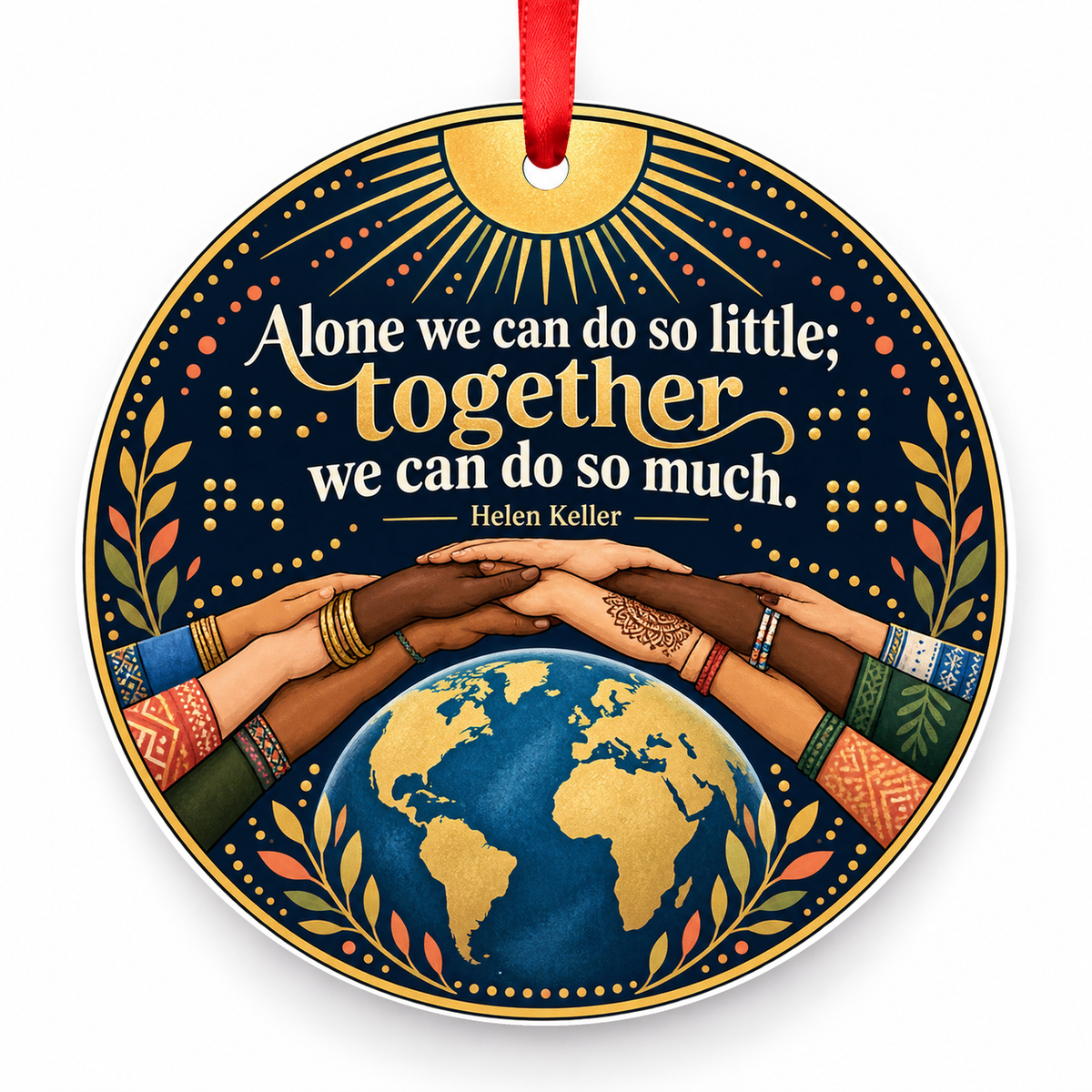 Alone We Can Do So Little; Together We Can Do So Much Christmas Ornament with red hanging ribbon