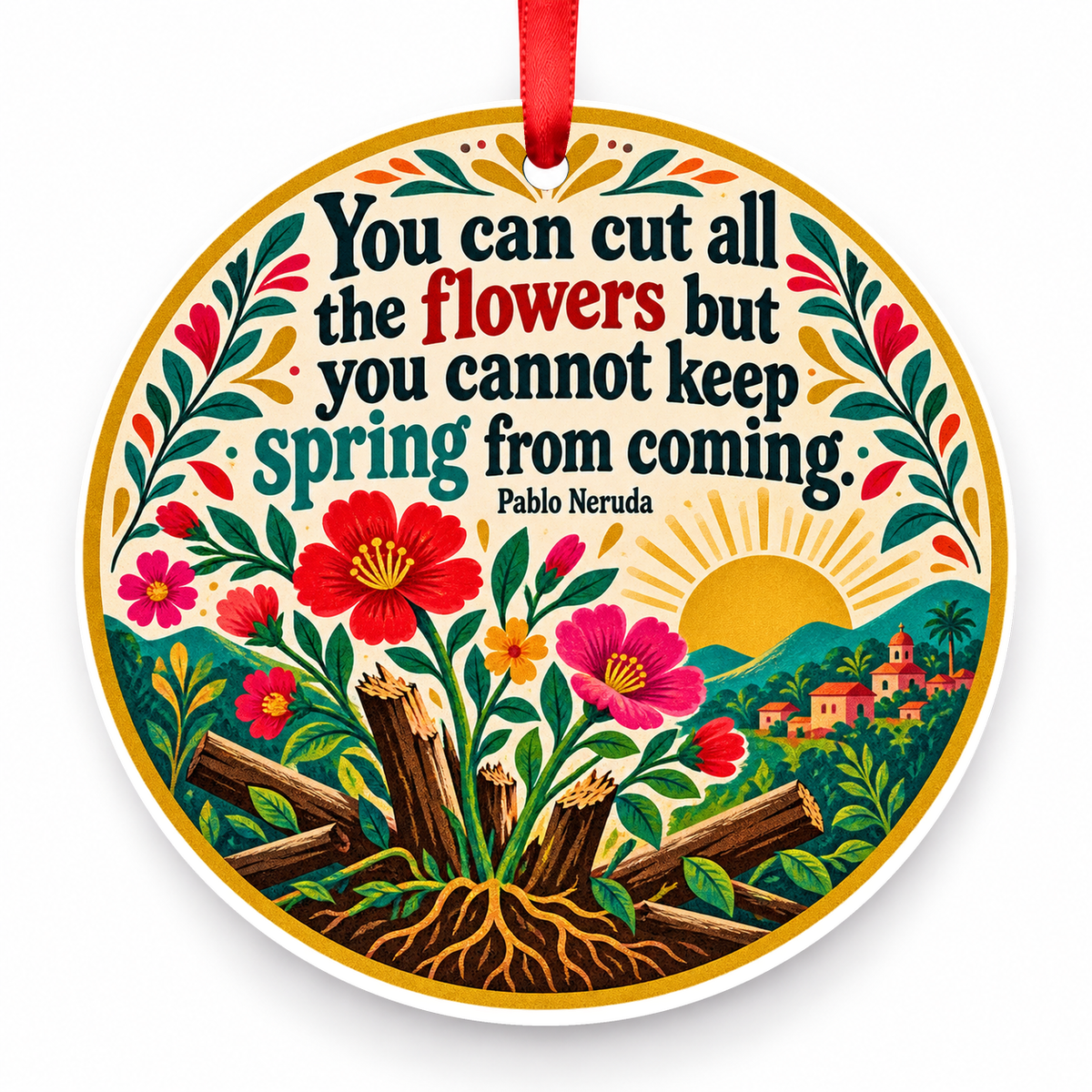 You Can Cut All the Flowers but You Cannot Keep Spring from Coming Christmas Ornament with red hanging ribbon