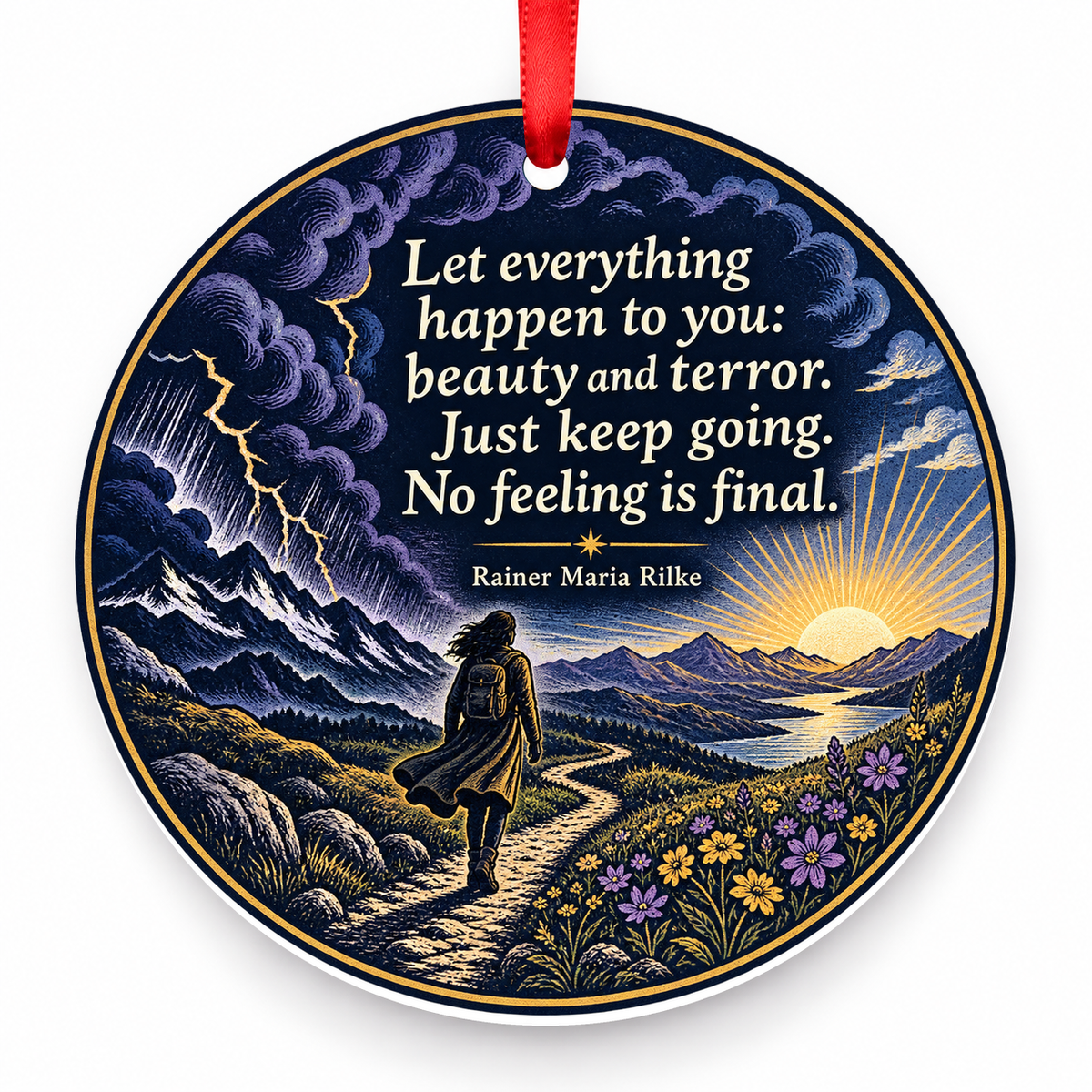 Let Everything Happen to You: Beauty and Terror. Just Keep Going. No Feeling is Final Christmas Ornament with red hanging ribbon
