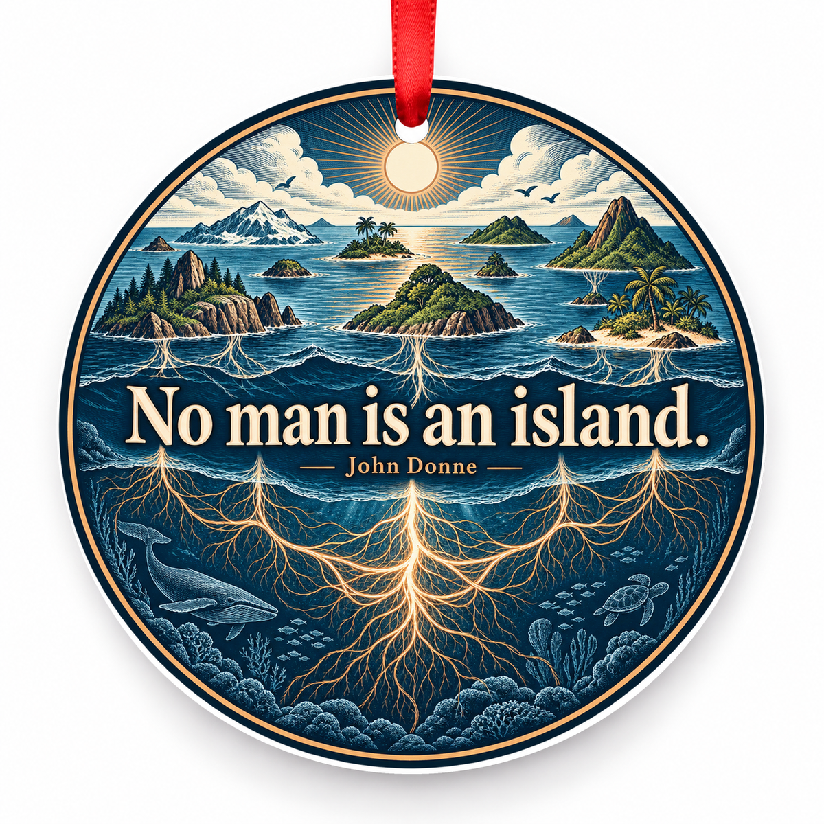 No Man is an Island Christmas Ornament with red hanging ribbon