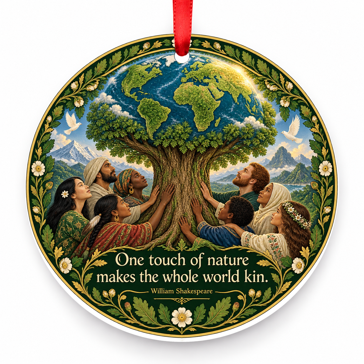 One Touch of Nature Makes the Whole World Kin Christmas Ornament with red hanging ribbon