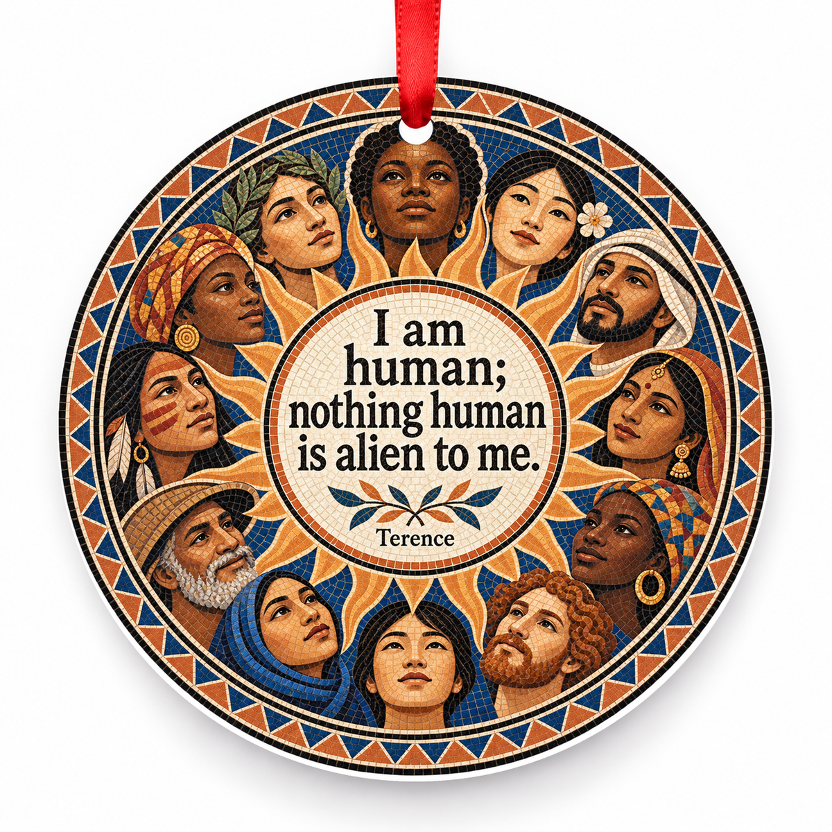 I Am Human; Nothing Human is Alien to Me Christmas Ornament with red hanging ribbon