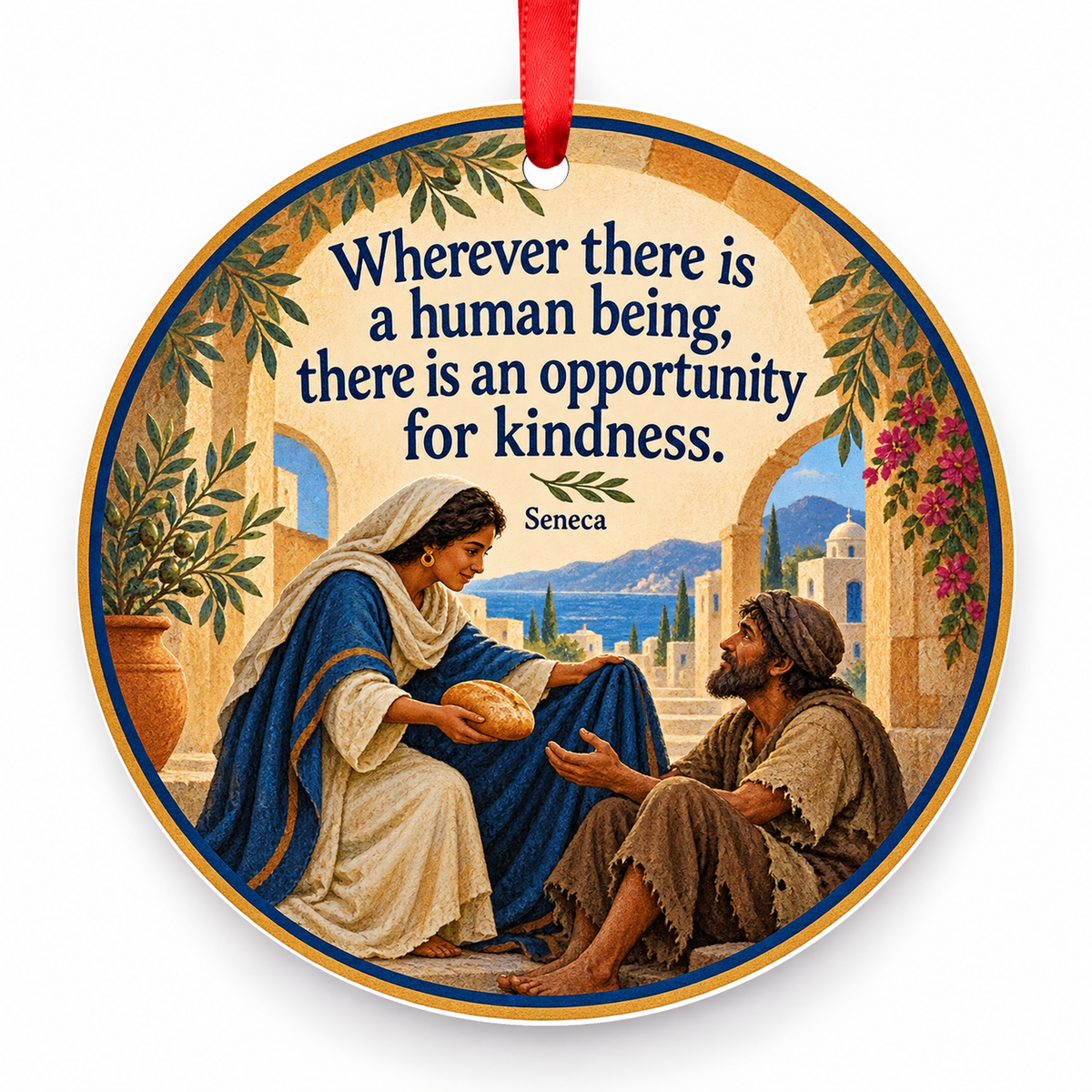 Wherever There is a Human Being, There is an Opportunity for Kindness Christmas Ornament with red hanging ribbon