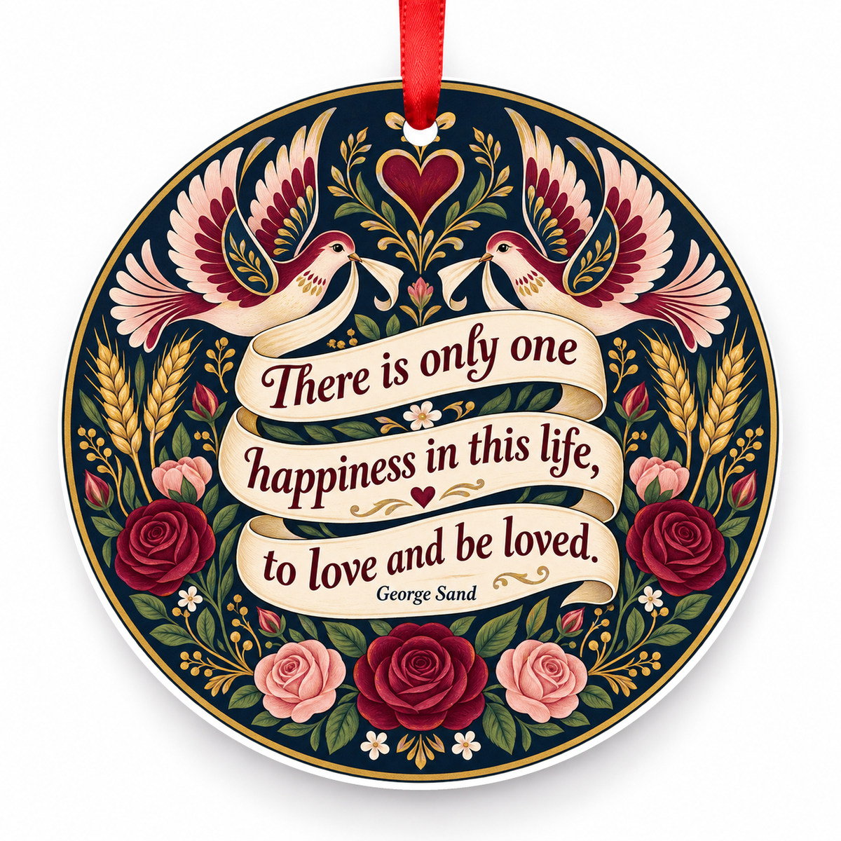 There is Only One Happiness in This Life, to Love and Be Loved Christmas Ornament with red hanging ribbon