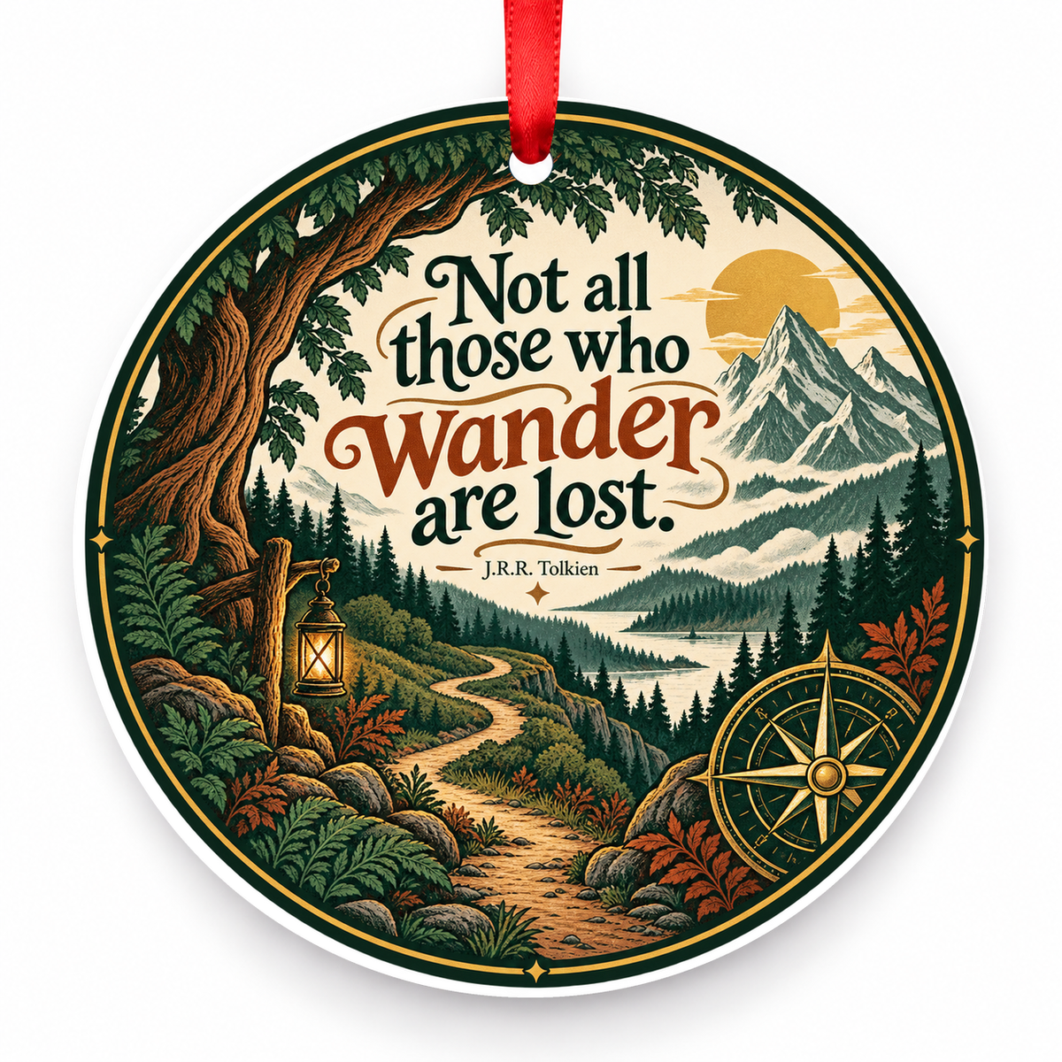 Not All Those Who Wander Are Lost Christmas Ornament with red hanging ribbon