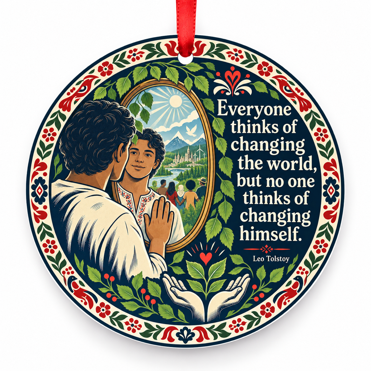 Everyone Thinks of Changing the World, but No One Thinks of Changing Himself Christmas Ornament with red hanging ribbon