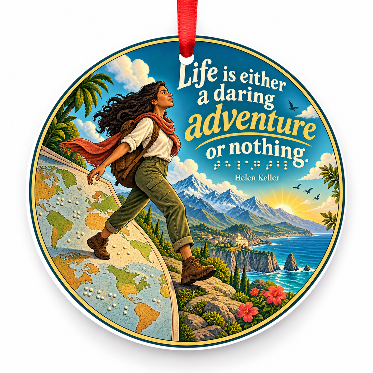 Life is Either a Daring Adventure or Nothing Christmas Ornament with red hanging ribbon