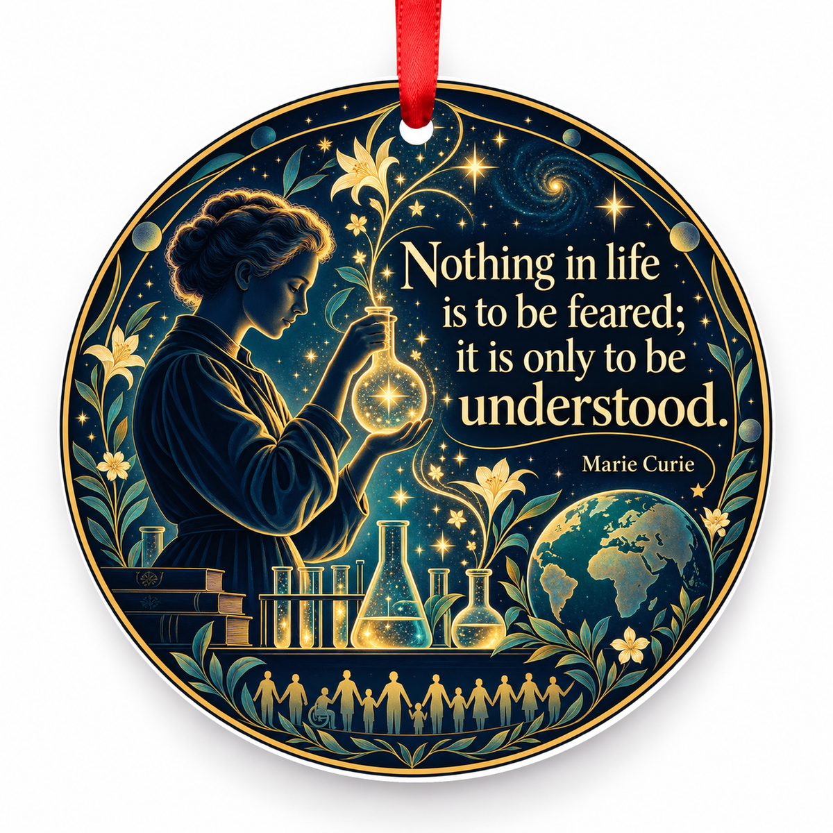 Nothing in Life is to Be Feared, It is Only to Be Understood Christmas Ornament with red hanging ribbon