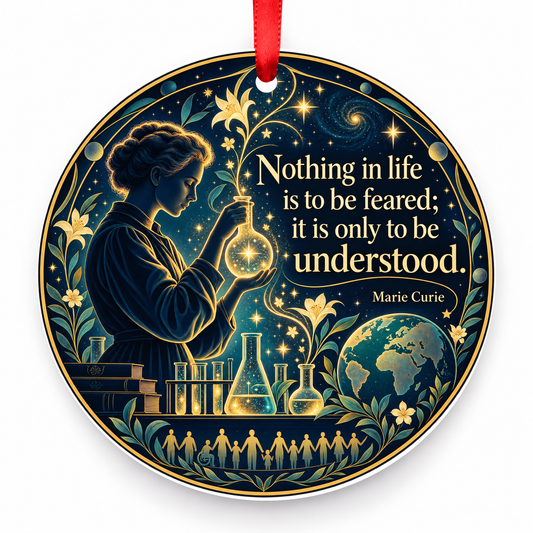 Nothing in Life is to Be Feared, It is Only to Be Understood Christmas Ornament with red hanging ribbon
