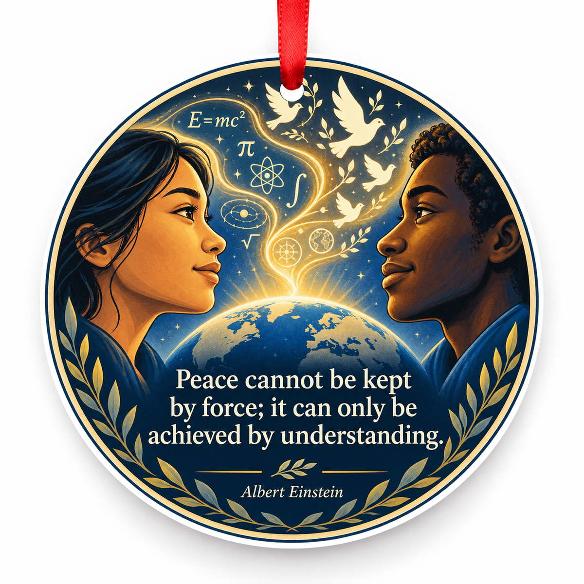 Peace Cannot Be Kept by Force; It Can Only Be Achieved by Understanding Christmas Ornament with red hanging ribbon