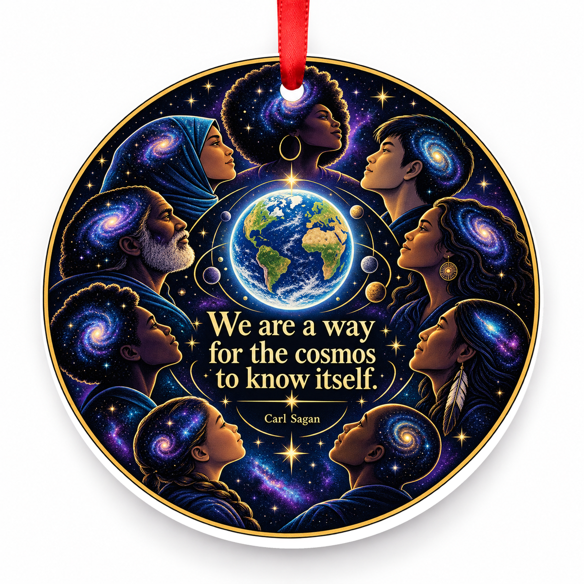 We Are a Way for the Cosmos to Know Itself Christmas Ornament with red hanging ribbon