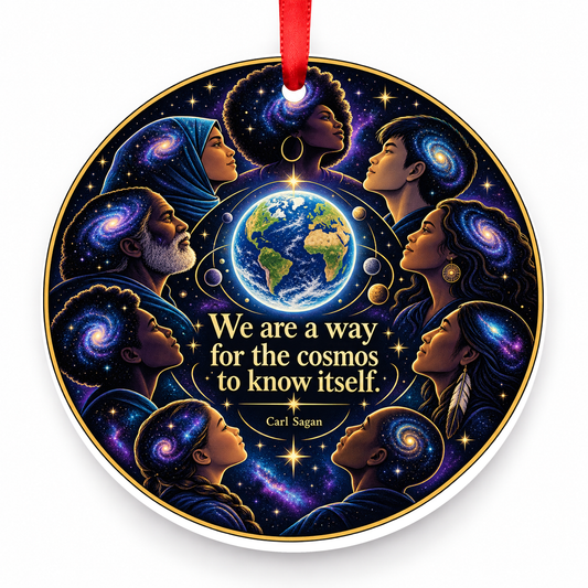 We Are a Way for the Cosmos to Know Itself Christmas Ornament with red hanging ribbon