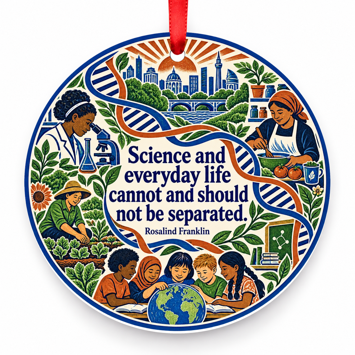 Science and Everyday Life Cannot and Should Not Be Separated Christmas Ornament with red hanging ribbon