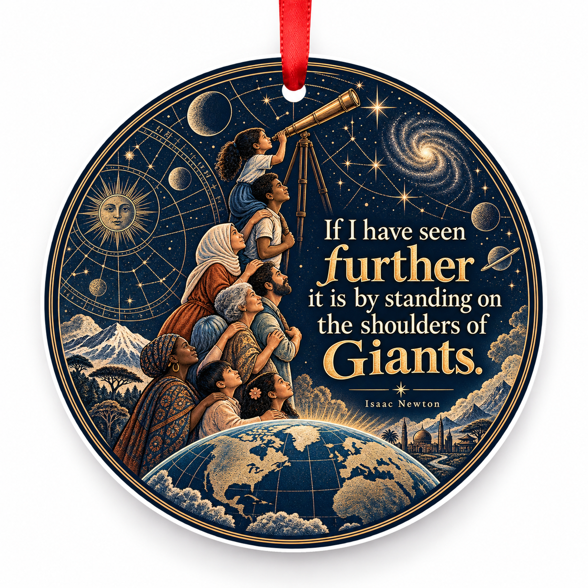 If I Have Seen Further It is by Standing on the Shoulders of Giants Christmas Ornament with red hanging ribbon