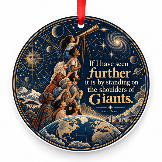 If I Have Seen Further It is by Standing on the Shoulders of Giants Christmas Ornament with red hanging ribbon