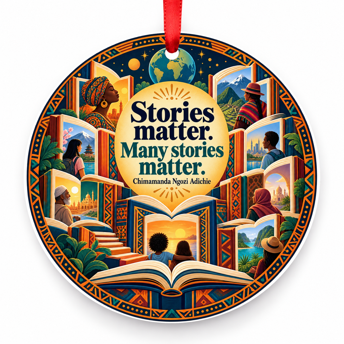 Stories Matter. Many Stories Matter Christmas Ornament with red hanging ribbon