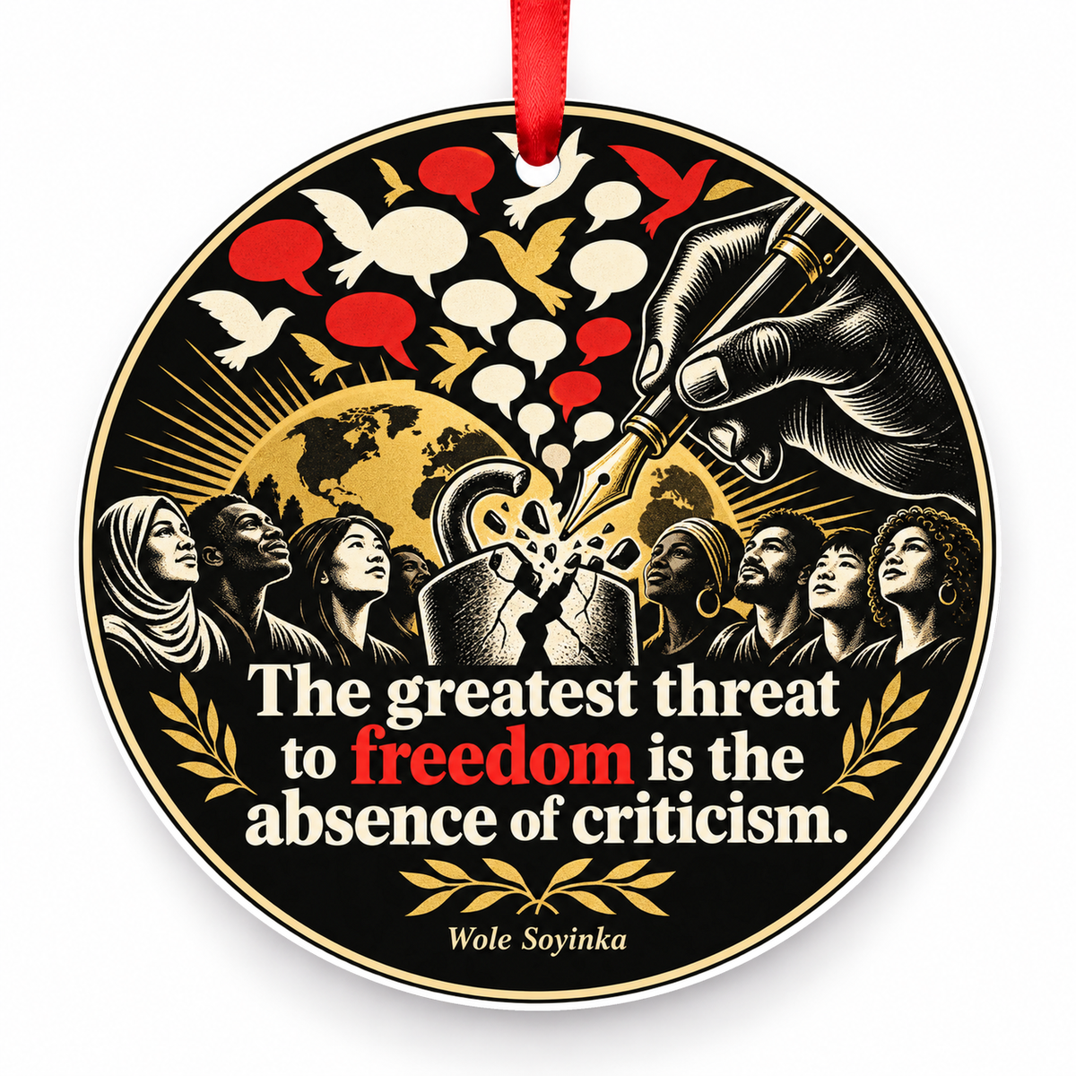 The Greatest Threat to Freedom is the Absence of Criticism Christmas Ornament with red hanging ribbon