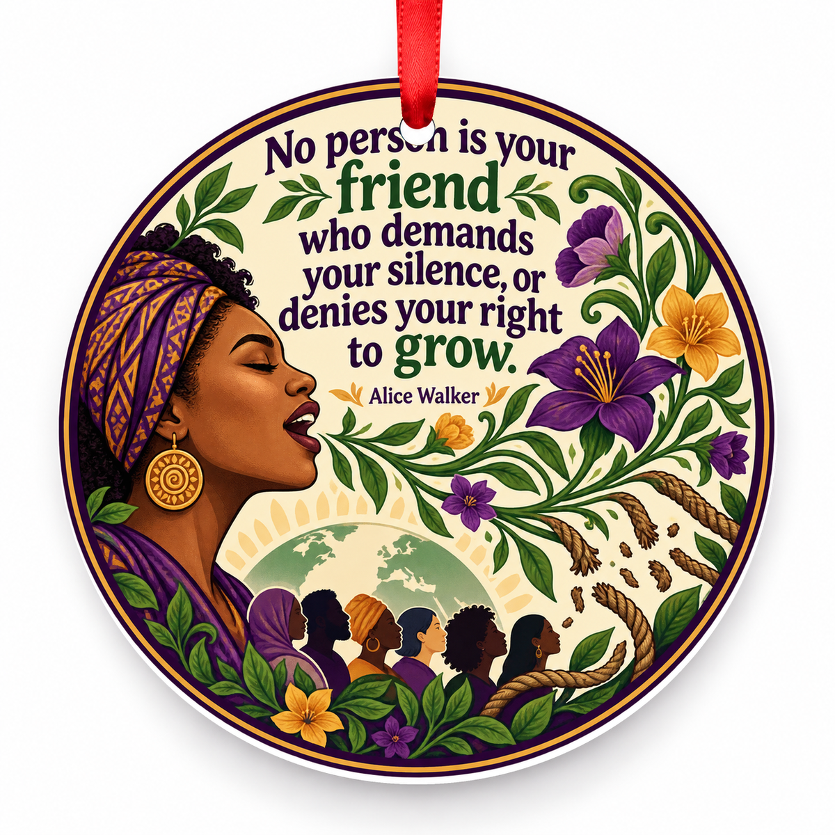 No Person is Your Friend Who Demands Your Silence, or Denies Your Right to Grow Christmas Ornament with red hanging ribbon