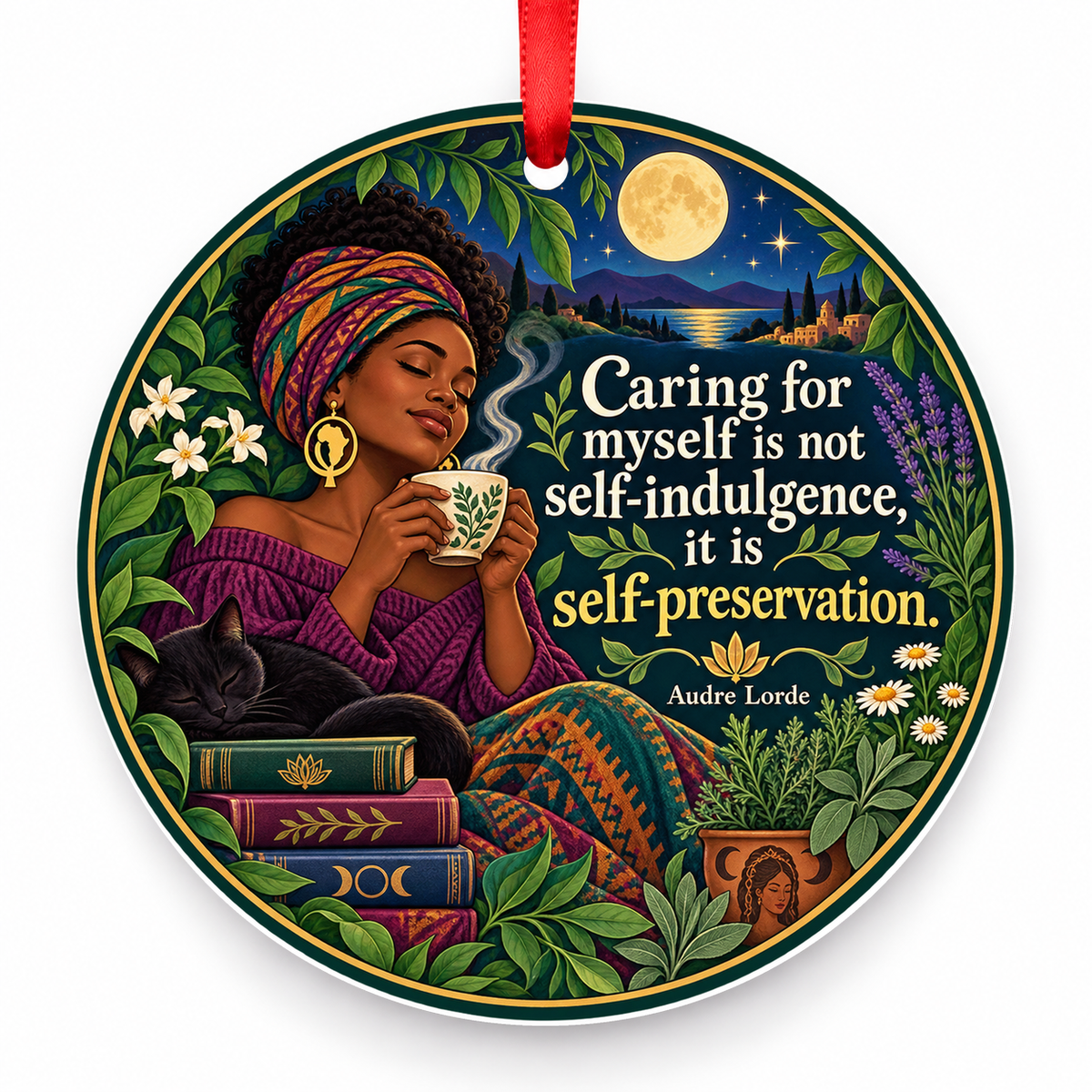 Caring for Myself is Not Self-indulgence, It is Self-preservation Christmas Ornament with red hanging ribbon