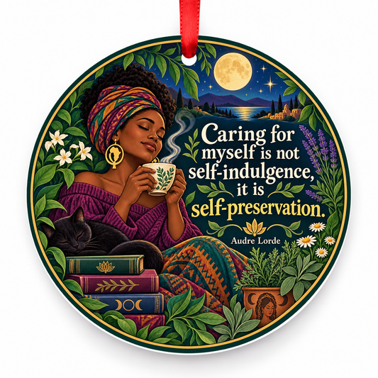 Caring for Myself is Not Self-indulgence, It is Self-preservation Christmas Ornament with red hanging ribbon