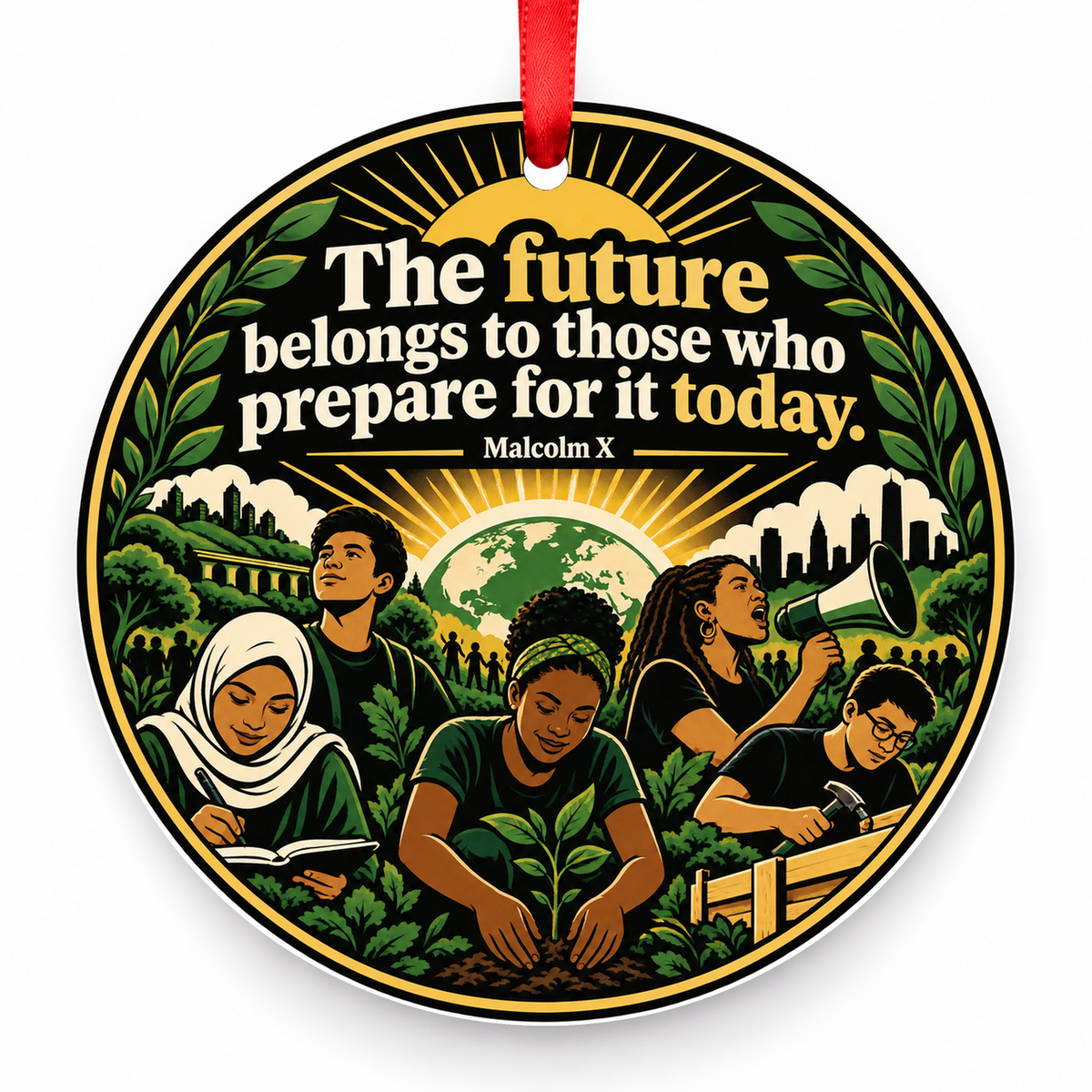The Future Belongs to Those Who Prepare for It Today Christmas Ornament – Community with red hanging ribbon