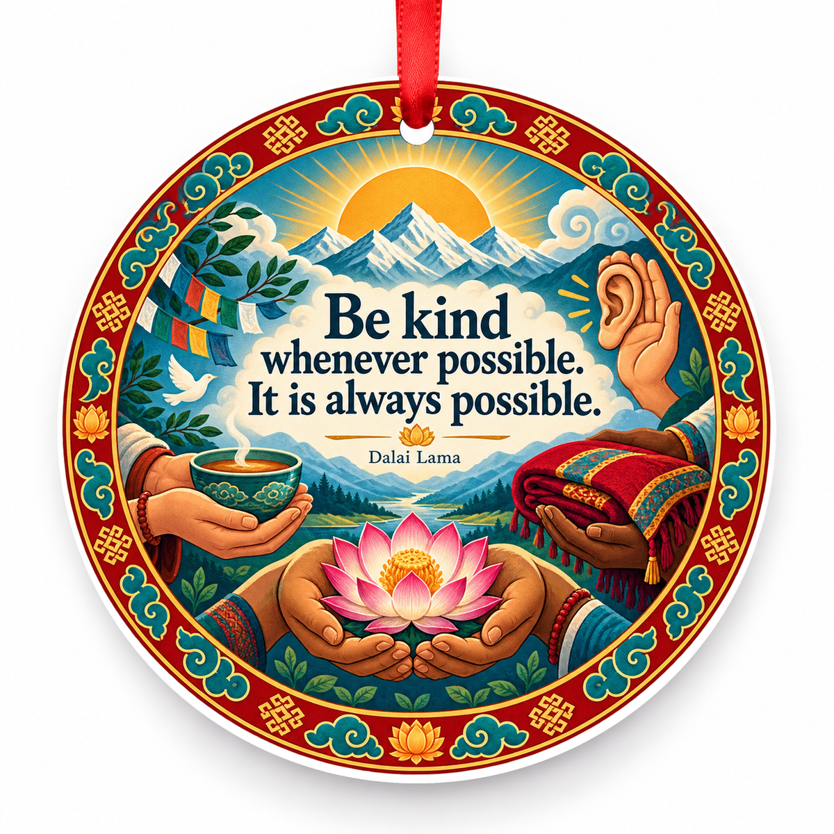 Be Kind Whenever Possible. It is Always Possible Christmas Ornament with red hanging ribbon