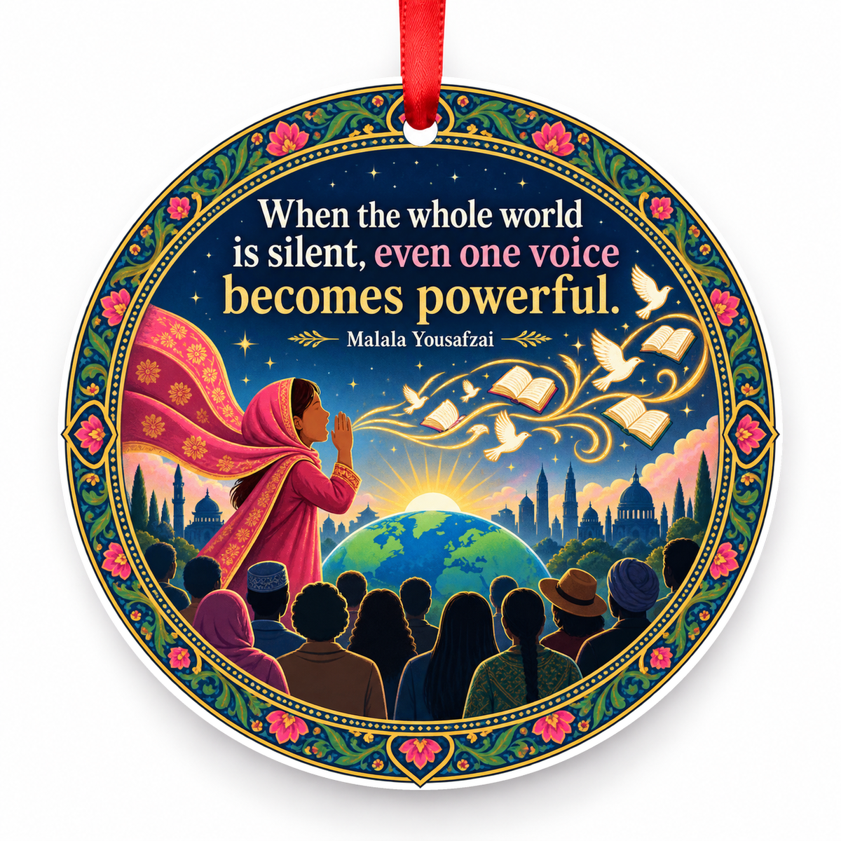 When the Whole World is Silent, Even One Voice Becomes Powerful Christmas Ornament with red hanging ribbon
