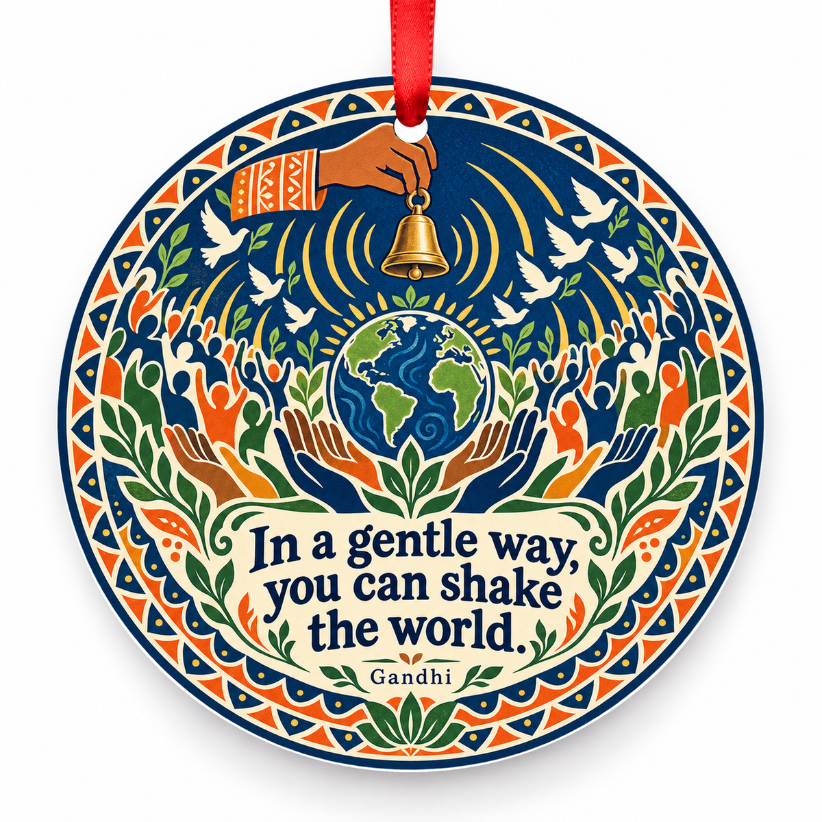 In a Gentle Way, You Can Shake the World Christmas Ornament with red hanging ribbon