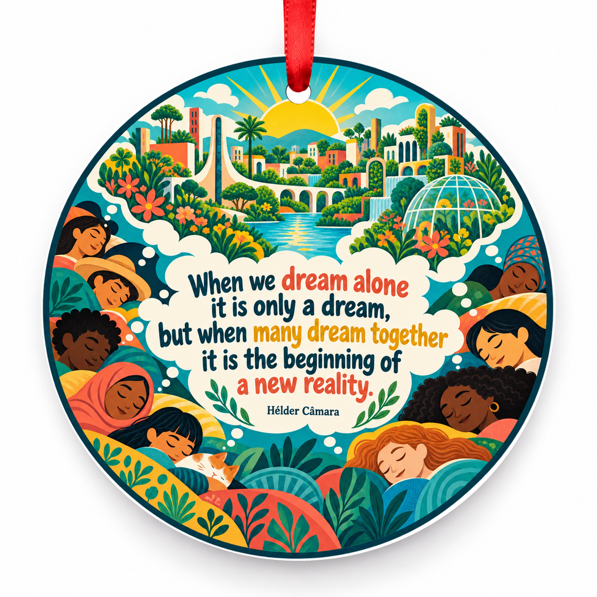When We Dream Alone It is Only a Dream, but When Many Dream Together It is the Beginning of a New Reality Christmas Ornament with red hanging ribbon