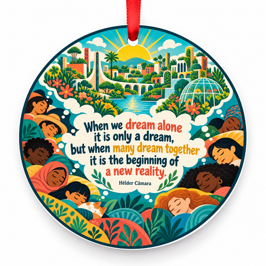 When We Dream Alone It is Only a Dream, but When Many Dream Together It is the Beginning of a New Reality Christmas Ornament with red hanging ribbon