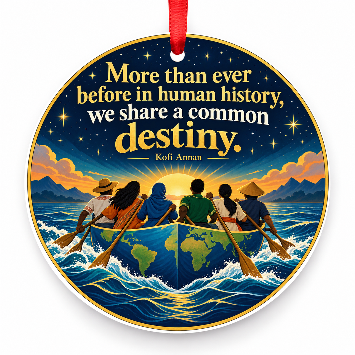 More Than Ever Before in Human History, We Share a Common Destiny Christmas Ornament with red hanging ribbon