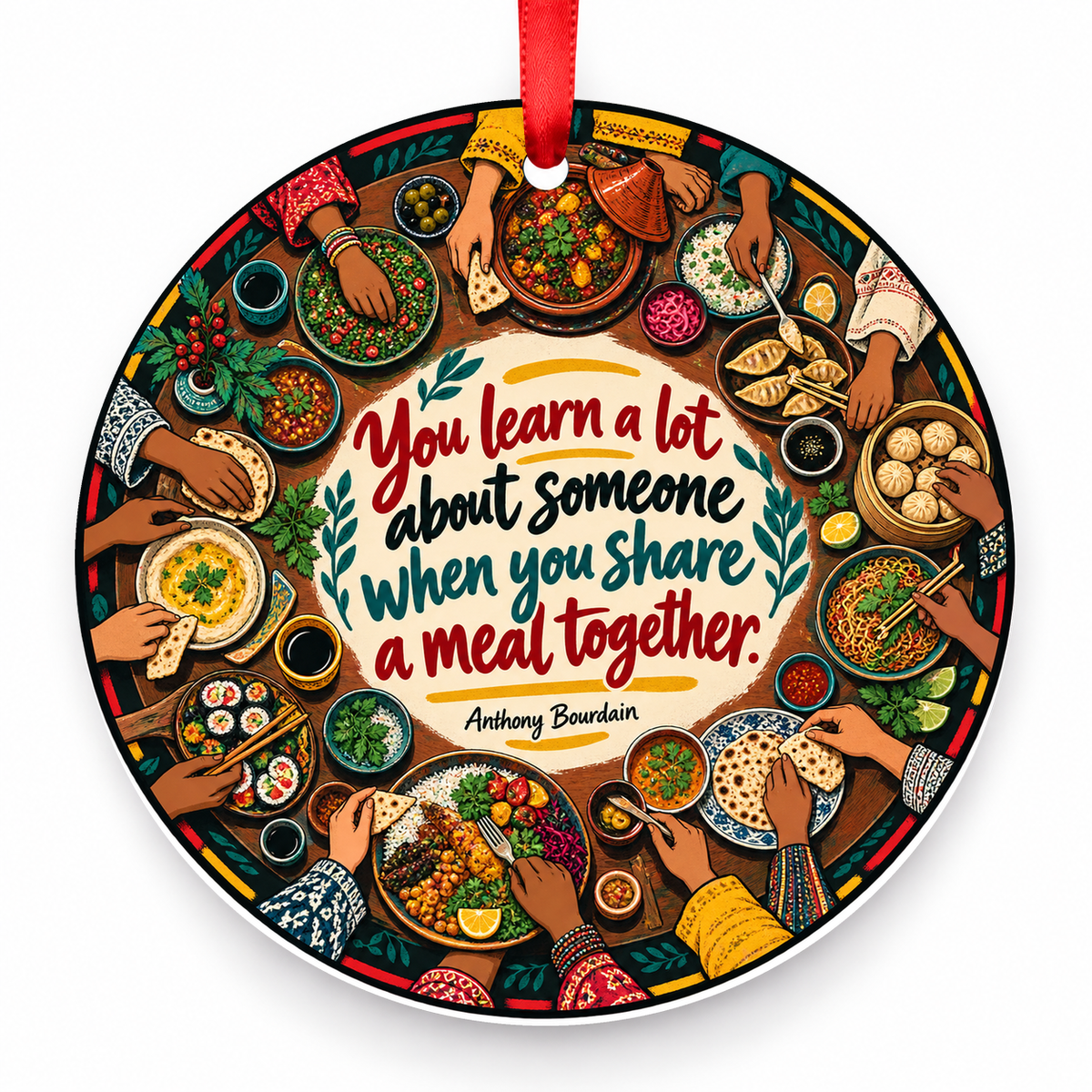 You Learn a Lot About Someone When You Share a Meal Together Christmas Ornament with red hanging ribbon