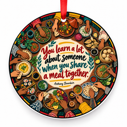 You Learn a Lot About Someone When You Share a Meal Together Christmas Ornament with red hanging ribbon