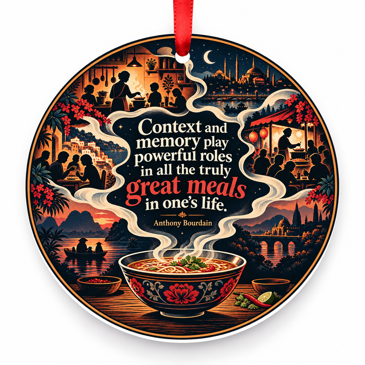 Context and Memory Play Powerful Roles in All the Truly Great Meals in One's Life Christmas Ornament with red hanging ribbon