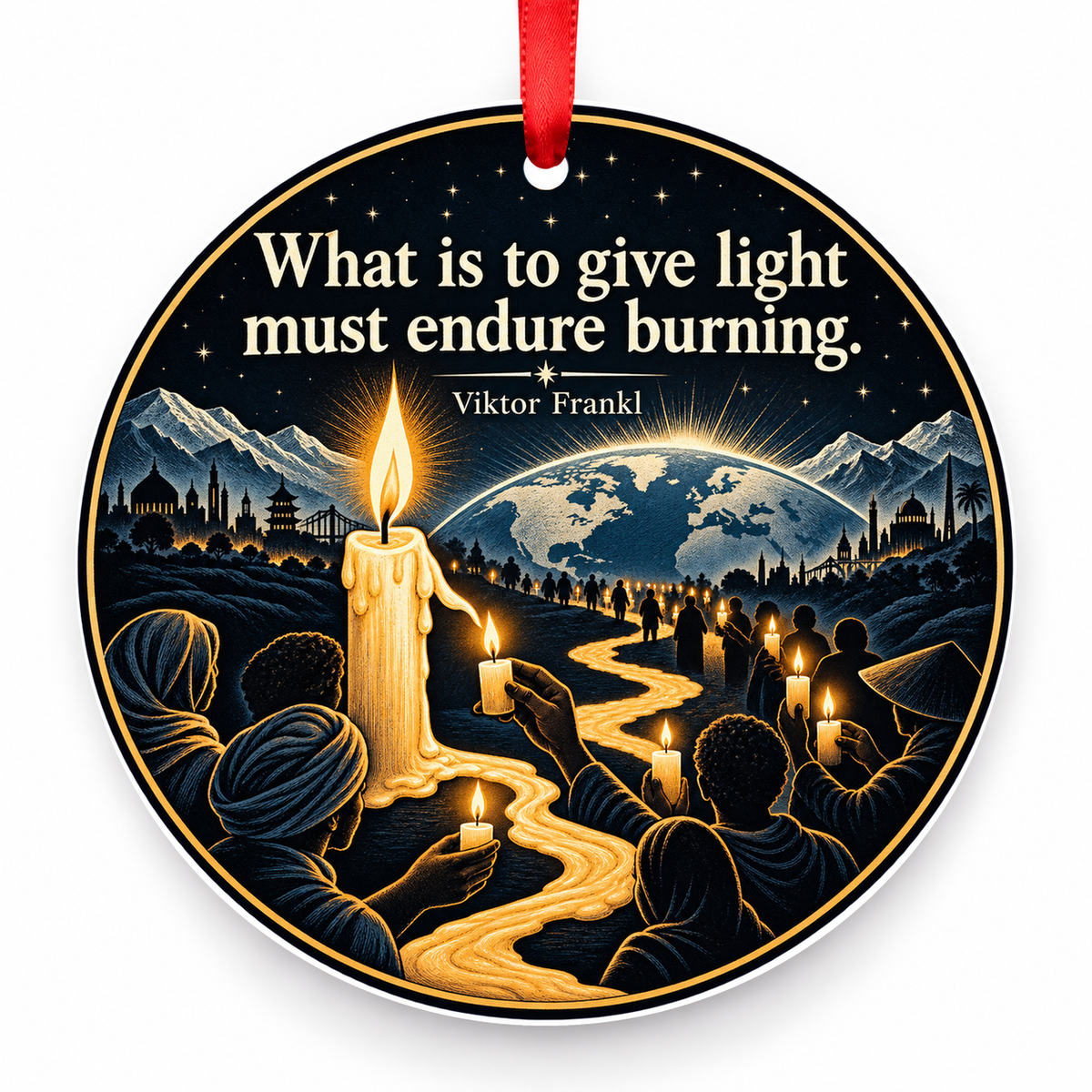 What is to Give Light Must Endure Burning Christmas Ornament with red hanging ribbon