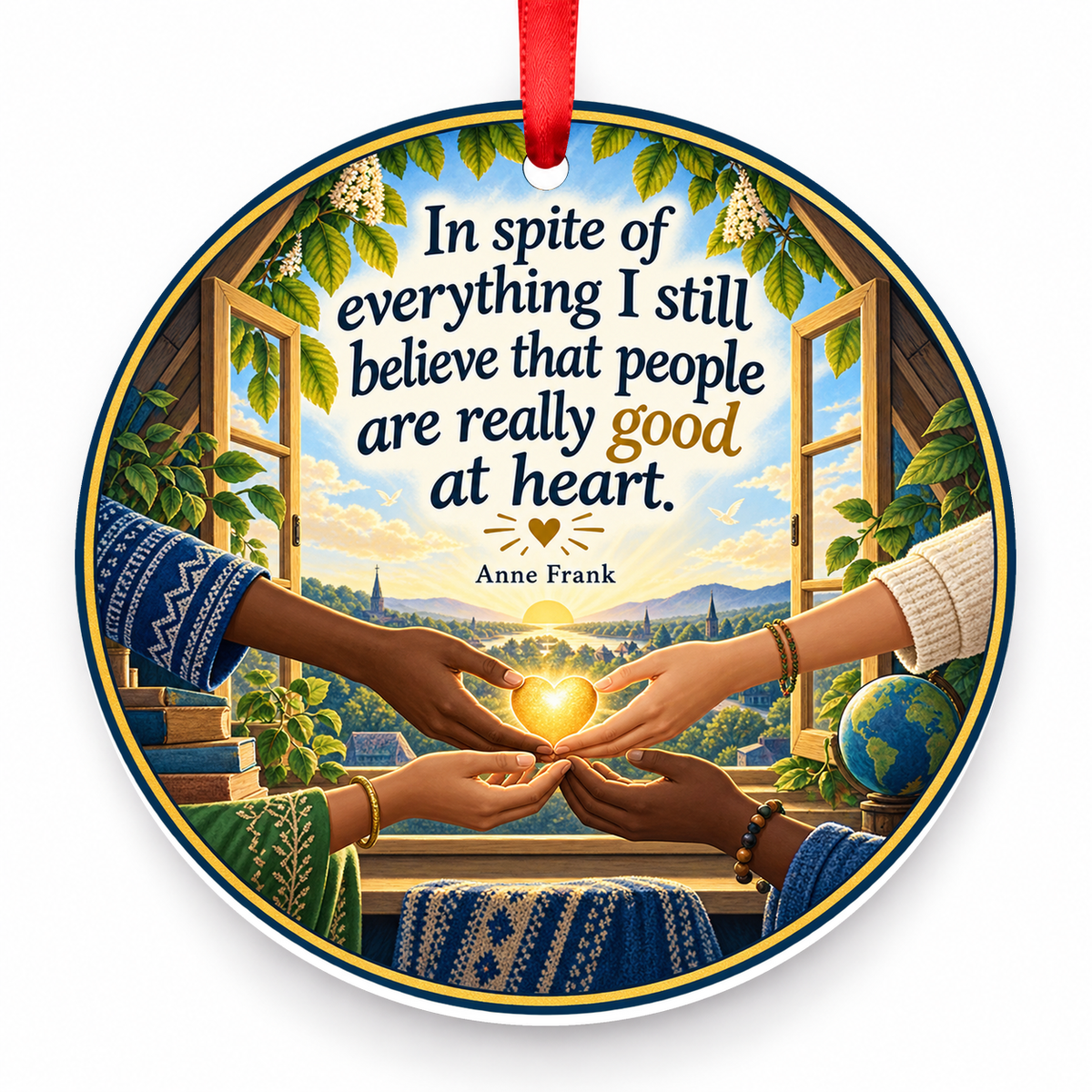 In Spite of Everything, I Still Believe That People Are Really Good at Heart Christmas Ornament with red hanging ribbon