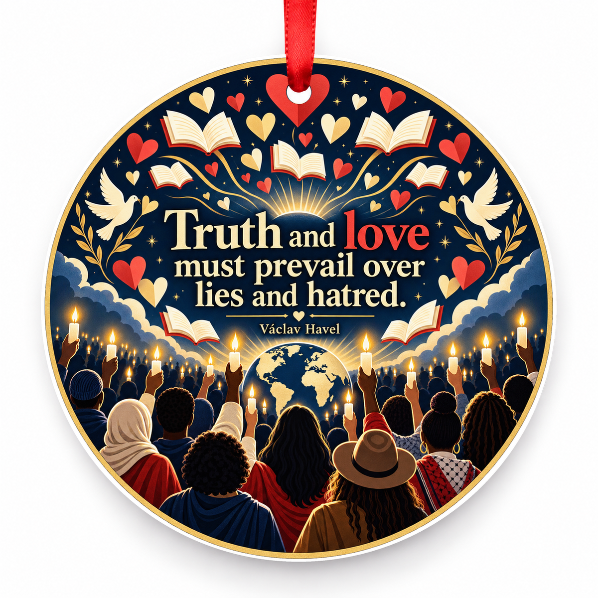 Truth and Love Must Prevail Over Lies and Hatred Christmas Ornament with red hanging ribbon