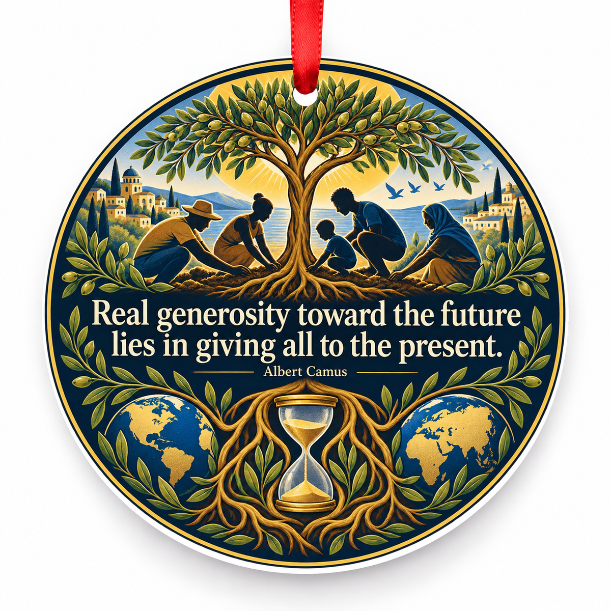 Real Generosity Toward the Future Lies in Giving All to the Present Christmas Ornament with red hanging ribbon